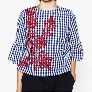Zara Woman Floral Embroidered Gingham Check Bell Sleeve Size Medium